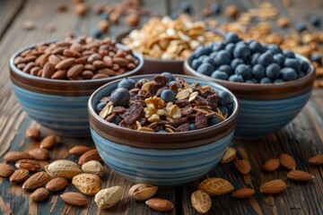 Healthy snacking options with nuts and dried fruits in ceramic bowls on a wooden surface