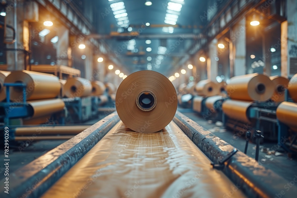 Poster an up-close view of a single paper roll on a conveyor belt in a warmly lit industrial setting