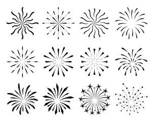 Collection of flat fireworks. Festive sparkles, carnival salutes. Outline firework explosion  elements. Sketch pyrotechnics celebrate stars