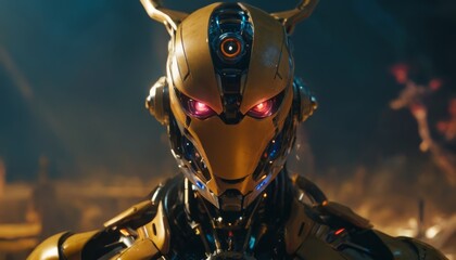 A highly detailed golden exoskeleton robot with menacing glowing red eyes, standing in a dramatic illuminated setting. - obrazy, fototapety, plakaty