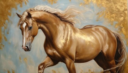 An elegant palomino horse is depicted with its mane flowing, set against a backdrop of opulent gold leaf in this luxurious painting. - obrazy, fototapety, plakaty