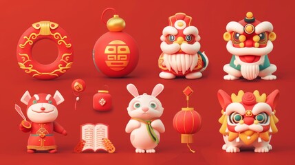 Isolated on red background, this set includes rabbits, sycces, scrolls, fortune bags and lion dance performances from the Chinese New Year.