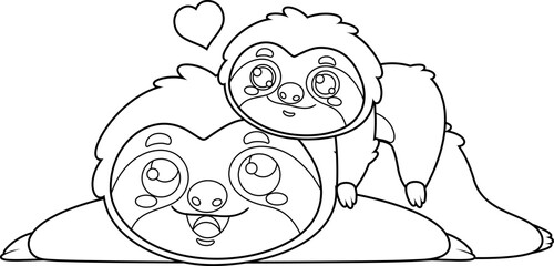 Outlined Cute Sloth Mom And Baby Cartoon Characters. Vector Hand Drawn Illustration Isolated On Transparent Background