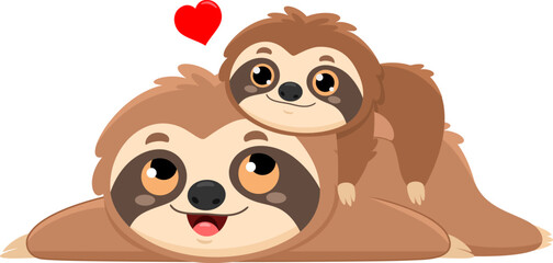 Cute Sloth Mom And Baby Cartoon Characters. Vector Illustration Flat Design Isolated On Transparent Background