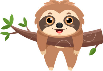 Happy Cute Sloth Cartoon Character Lazy Hanging On A Tree Branch. Vector Illustration Flat Design Isolated On Transparent Background