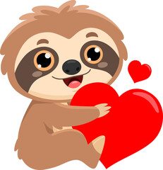 Funny Cute Sloth Cartoon Character Holding A Red Heart. Vector Illustration Flat Design Isolated On Transparent Background