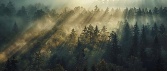 Amazing mystical rising fog dust mist forest woods trees landscape panorama banner with sunshine sunlight and sunbeams sunshine rays  - obrazy, fototapety, plakaty