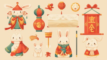 On a beige background, Bunnies in Chinese costumes with brushes and blank scrolls represent the Lunar New Year.