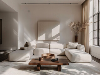 Modern living room with neutral color scheme, clean lines, and minimalist design aesthetic.