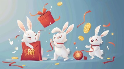 CNY set with shopping bag, gift, red envelope, gold ingot, coin, and three rabbits on blue background. One rabbit is playing gong, another sending gift, and the third dancing dragon.