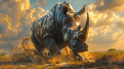 Portrait of a Rhinoceros in its Natural Habitat. Rhino Majestically Posing on Savannah.