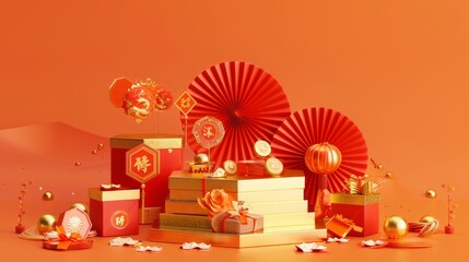 Isolated 3d illustration of chinese new year theme objects. Including hexagon podiums, paper fans, gold coins, red envelopes, and gold ingots.