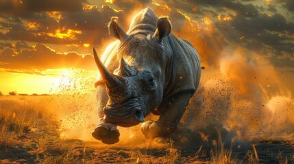 Portrait of a Rhinoceros in its Natural Habitat. Rhino running on the savanna.