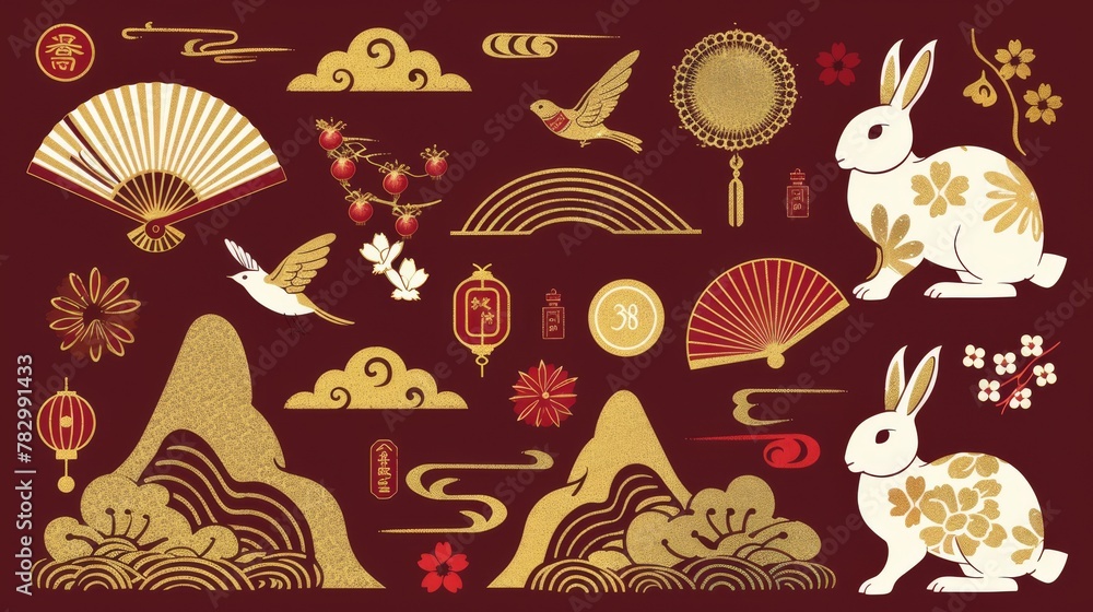 Wall mural Symbols of Chinese New Year, isolated on maroon background. Rabbits with patterns, clouds, mountains, blossoms, paper fans, birds, coins, and butterflies.