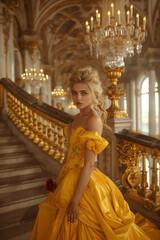 Woman in yellow gown poses in palace