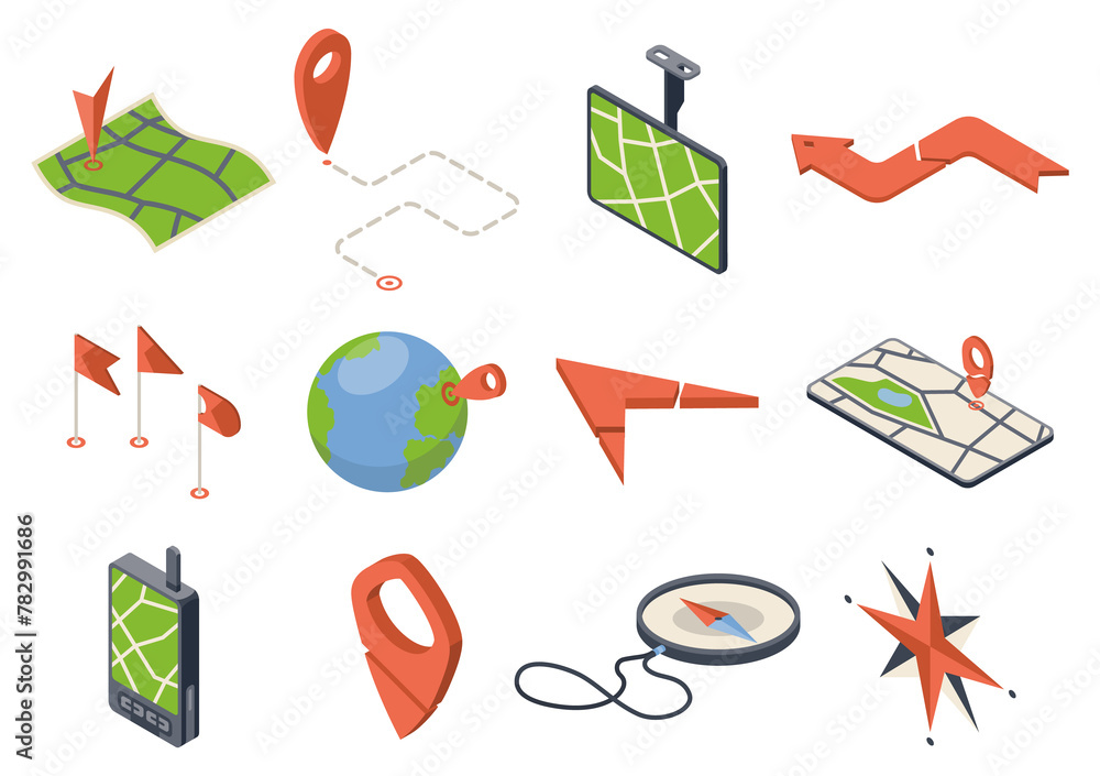 Poster gps navigation icon set isometric. automotive navigation system symbols, automobile controls element