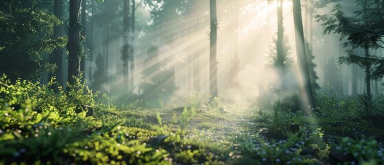 Close up of amazing mystical rising mist fog dust forest woods trees landscape panorama banner with sun sunlight sunshine and sunbeams sunshine rays 