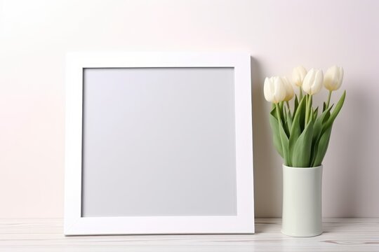 Elegant white picture frame with a bouquet of white tulips in a vase on a light wooden surface. White Frame and Tulips on Soft Pastel Background