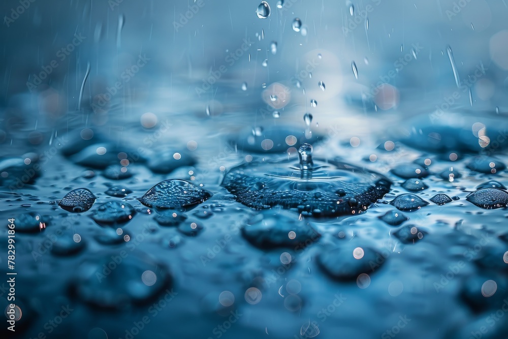 Poster exquisite macro shot capturing the dynamic impact of raindrops on a water surface, emphasizing the b