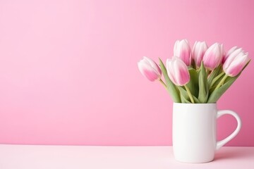 Elegant pink tulips arranged in a white mug, presenting a simple and fresh look on a pink backdrop. Pink Tulips in White Mug on Pink Background