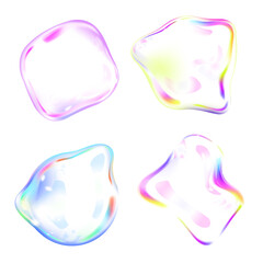 Realistic transparent soap bubbles with shinyr ainbow reflection set. PNG 3D bubbles of different...