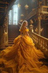 Elegant lady on staircase in yellow dress