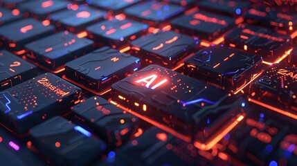 AI Content Generation. Keyboard with a bright AI key, showing AI integration in tech devices