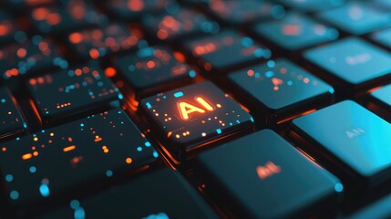 AI Content Generation. AI key glowing on a keyboard symbolizing AI's growing role in technology
