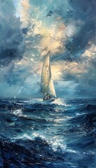 Capture the essence of maritime adventures in a long shot seascape, blending the vast ocean with dreamy Impressionist brushstrokes in oil medium