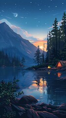 Illustrate the charm of wild camping from a side angle, harmonizing the natural setting with futuristic AI elements Render a serene campsite with advanced AI gadgets seamlessly integrated into the sce