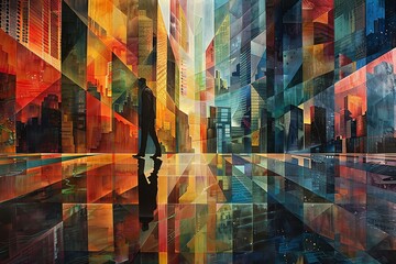 Infuse traditional art techniques with a modern twist by depicting an eye-level urban exploration scene featuring abstract art influenced by nanotechnology innovations; highlight the intersection of a - obrazy, fototapety, plakaty
