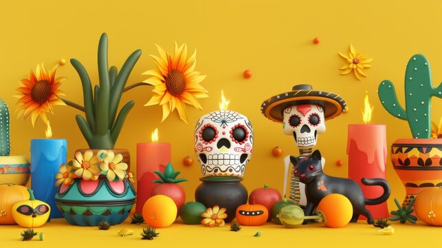 This image shows a 3d day of the dead set isolated on a yellow background. It includes symbols of the holiday, such as a banner, candles, sombreros, sugar skulls, black cats with masks, marigolds,