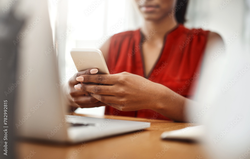 Aufkleber woman, laptop or hands with phone in home office for social media, internet post or website notifica