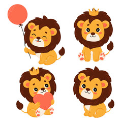 Set of vector illustrations of a cute lion. Lion with a ball, in a crown, with a heart in a flat style. Kids print.