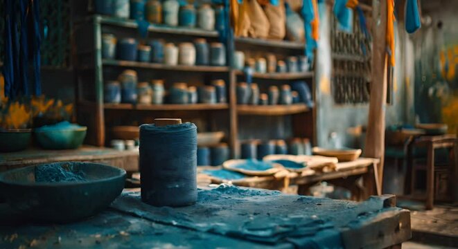 A room filled with blue objects, a table with a blue bowl and a blue spool of thread