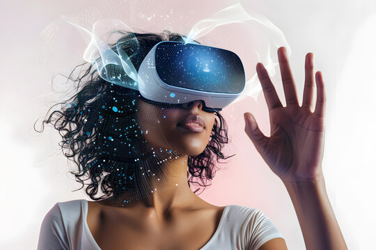 Young woman using virtual reality headset Isolated on light background studio portrait. 
