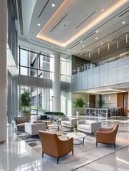 An interior shot of a spacious lobby inside a modern office building, featuring sleek design elements and comfortable seating areas. 