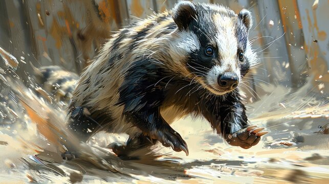 Badger in wildlife. Badger Running Across Open Field, Agile and Determined.