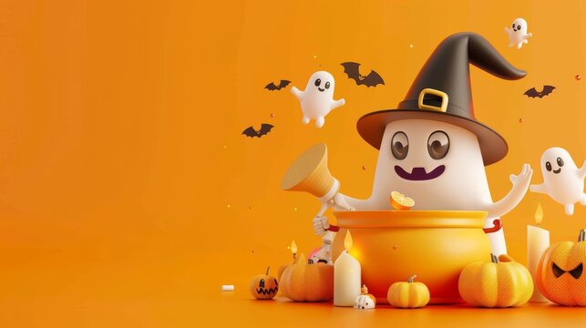 This cute 3D halloween banner depicts a ghost mixing a pot with spices, bones, and an eyeball amidst an orange scene background. The ghost is flying and pumpkins are dotted throughout.