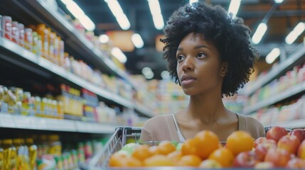 African American woman in her mid-twenties with a natural hair style is shopping for fruits and vegetables at the grocery store