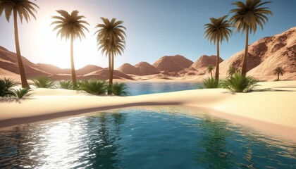 Computer-generated landscape of a serene oasis with palm trees and dunes under clear skies, a perfect image for travel and vacation themes.. AI Generation
