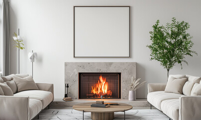 Mockup frame above the fireplace in the living room. 3d render.