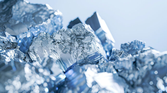 Macro photography, close-up shot, raw, uncut, unrefined silver ore rocks, isolated against modern light blue background. Bright, studio lighting, bokeh, mining, mined