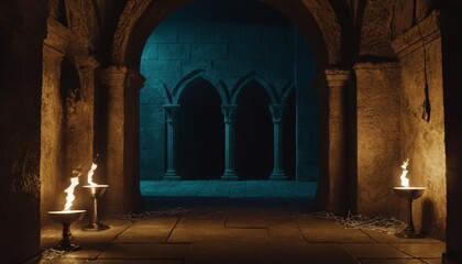 An atmospheric view of a medieval crypt passage lit by flickering torches, conveying a sense of ancient secrets and history. AI Generation