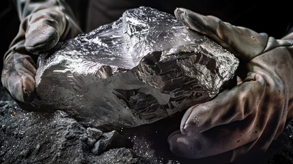 Macro photography, close-up shot, raw, uncut, unrefined silver ore rocks, isolated against modern background. Bright, studio lighting, bokeh, hands with gloves holding rocks, mining, mined