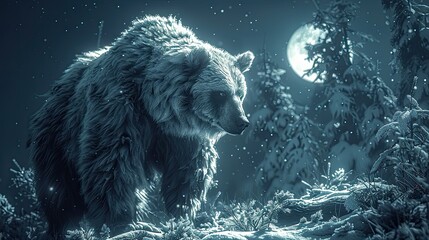 Wild Bear Captured in its Natural Habitat. Kodiak Bear Patrolling Dense Woods, Under Ethereal Moonlight.