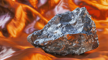Macro photography, close-up shot, raw, uncut, unrefined silver ore rocks, isolated against modern orange background. Bright, studio lighting, bokeh, mining, mined