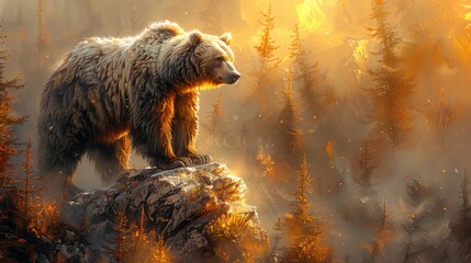 Wild Bear Captured in its Natural Habitat. Bear Standing Proudly on Rocky Cliff, Bathed in Soft Morning Light. - obrazy, fototapety, plakaty