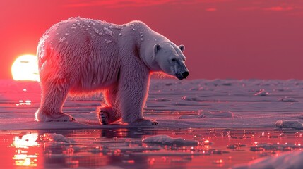 Wild Bear Captured in its Natural Habitat. Polar Bear Stalking Across Ice Field, Against Subtle Arctic Sunset. - obrazy, fototapety, plakaty