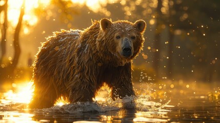 Wild Bear Captured in its Natural Habitat. Bear near the river at sunset. - obrazy, fototapety, plakaty